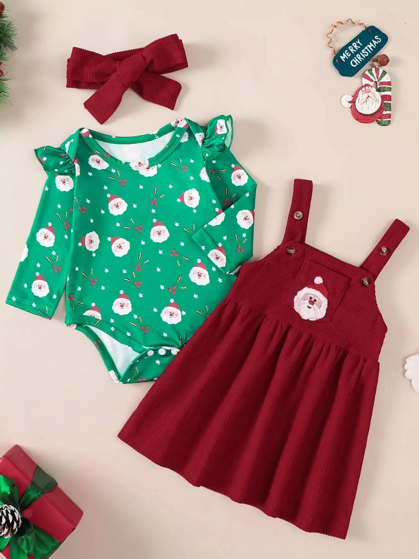 Children's Christmas Bodysuit and Overall Dress Set with Headband Simply Love