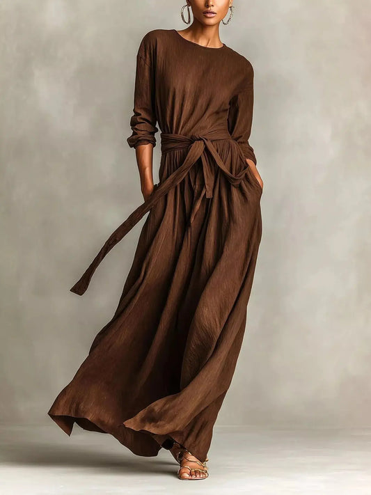 Full Size Long Sleeve Tie Waist Maxi Dress Plus Size Simply Love