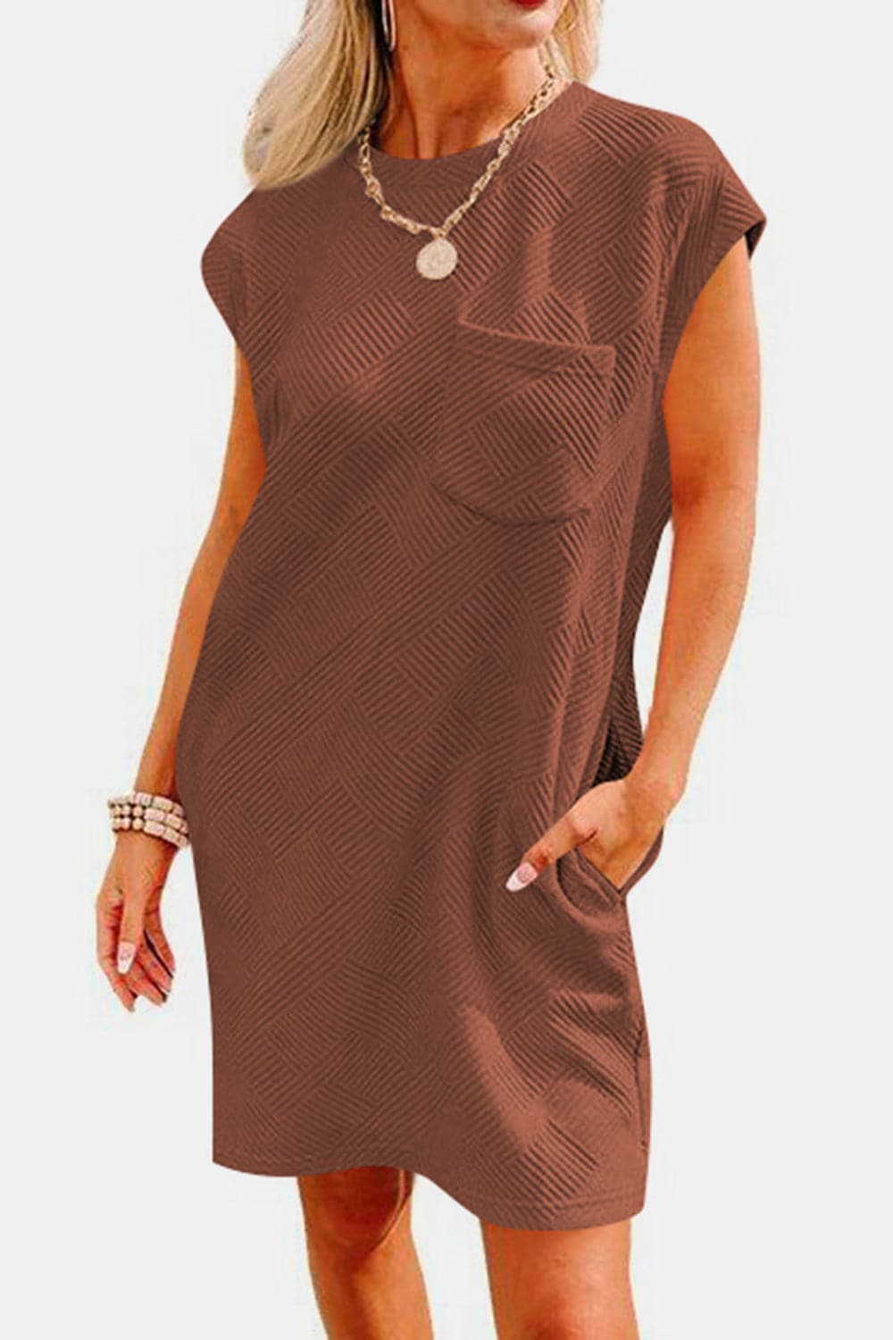 Textured Round Neck Cap Sleeve Dress.