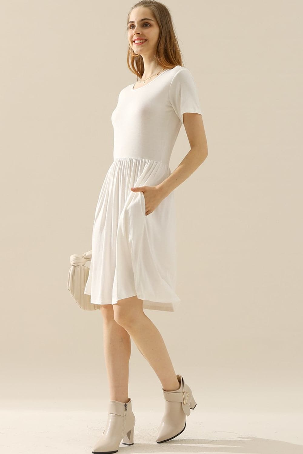 Ninexis Full Size Round Neck Ruched Dress with Pockets.