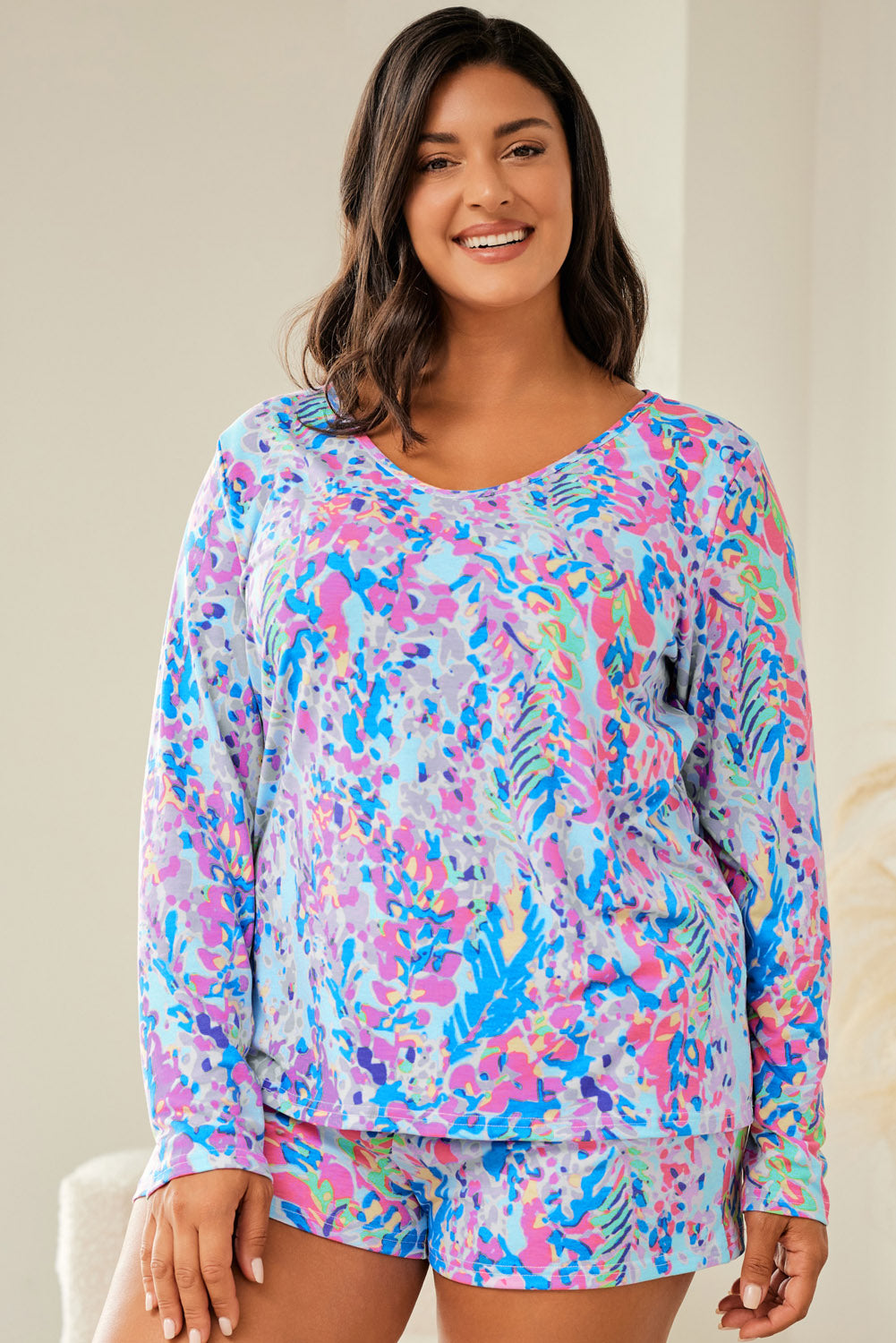 Sky Blue Floral Lounge Set for Plus Sizes with Long Sleeves and Shorts