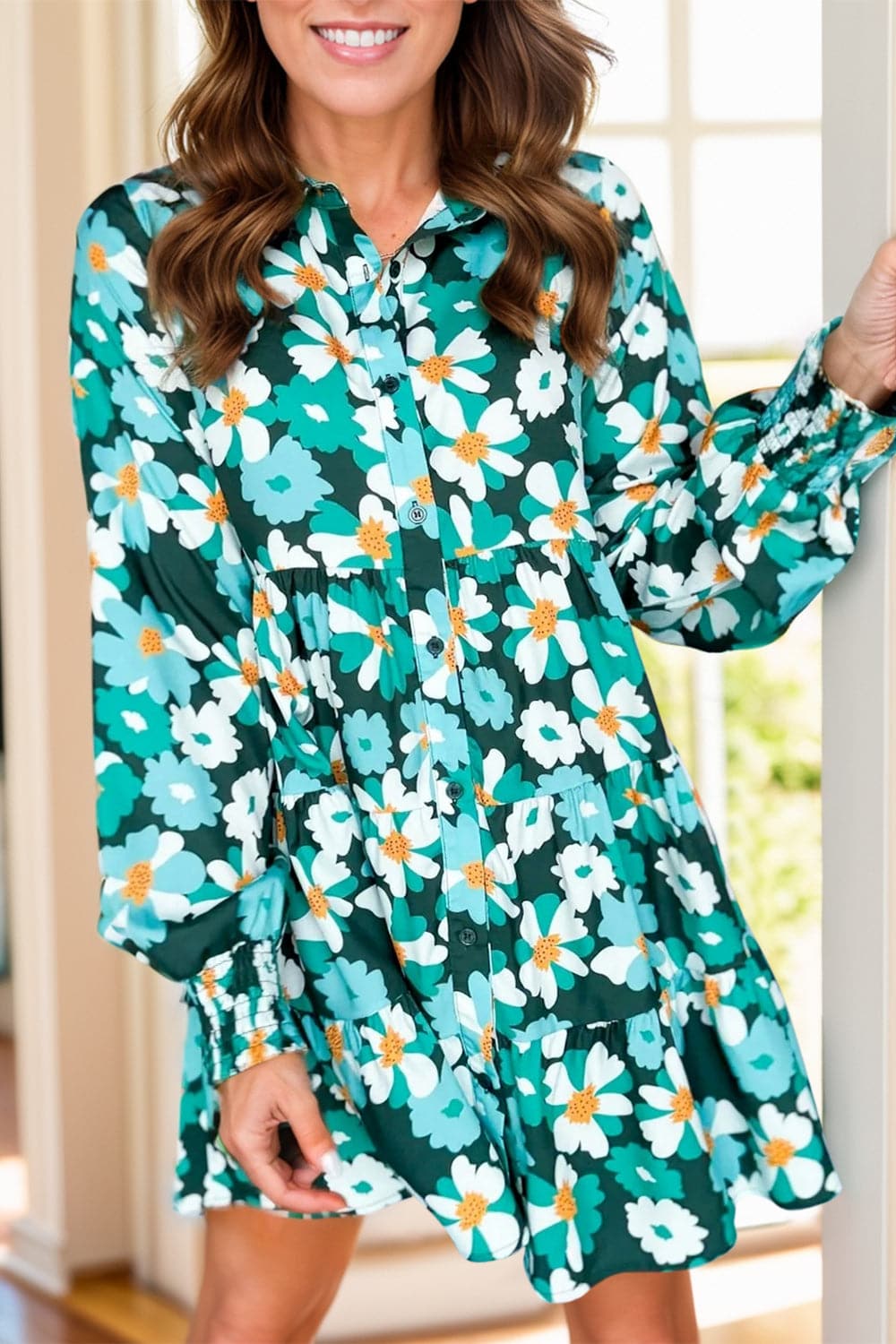 Printed Collared Neck Lantern Sleeve Mini Dress.