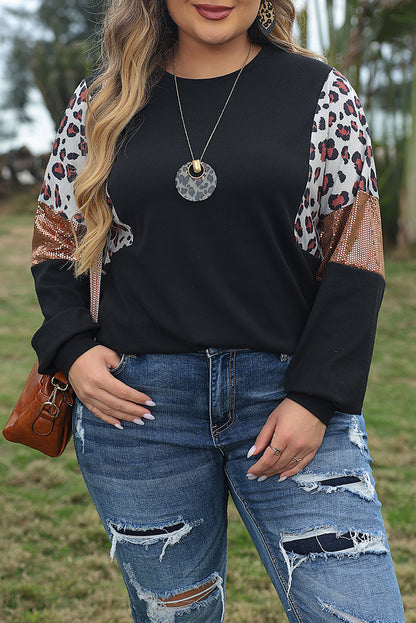 Leopard print sequin accent plus size long sleeve pullover