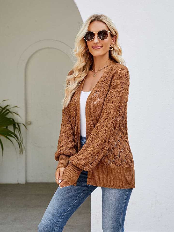 Openwork Open Front Lantern Sleeve Cardigan.