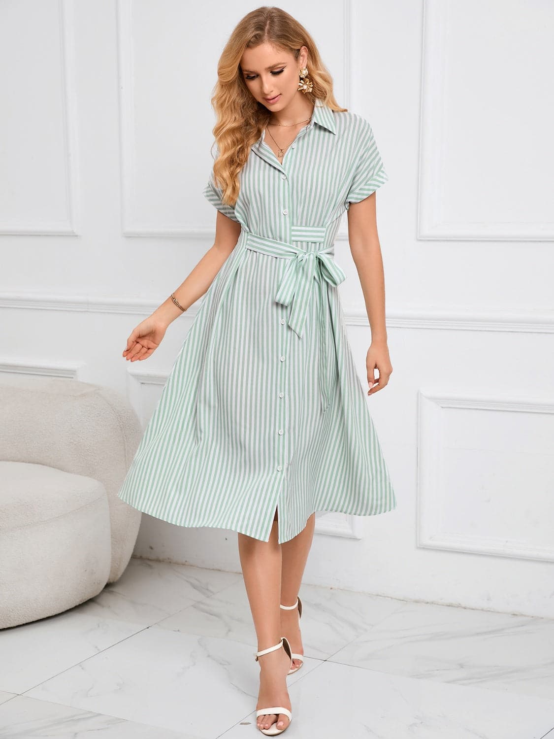 Striped Short Sleeve Tie Waist Midi Dress.