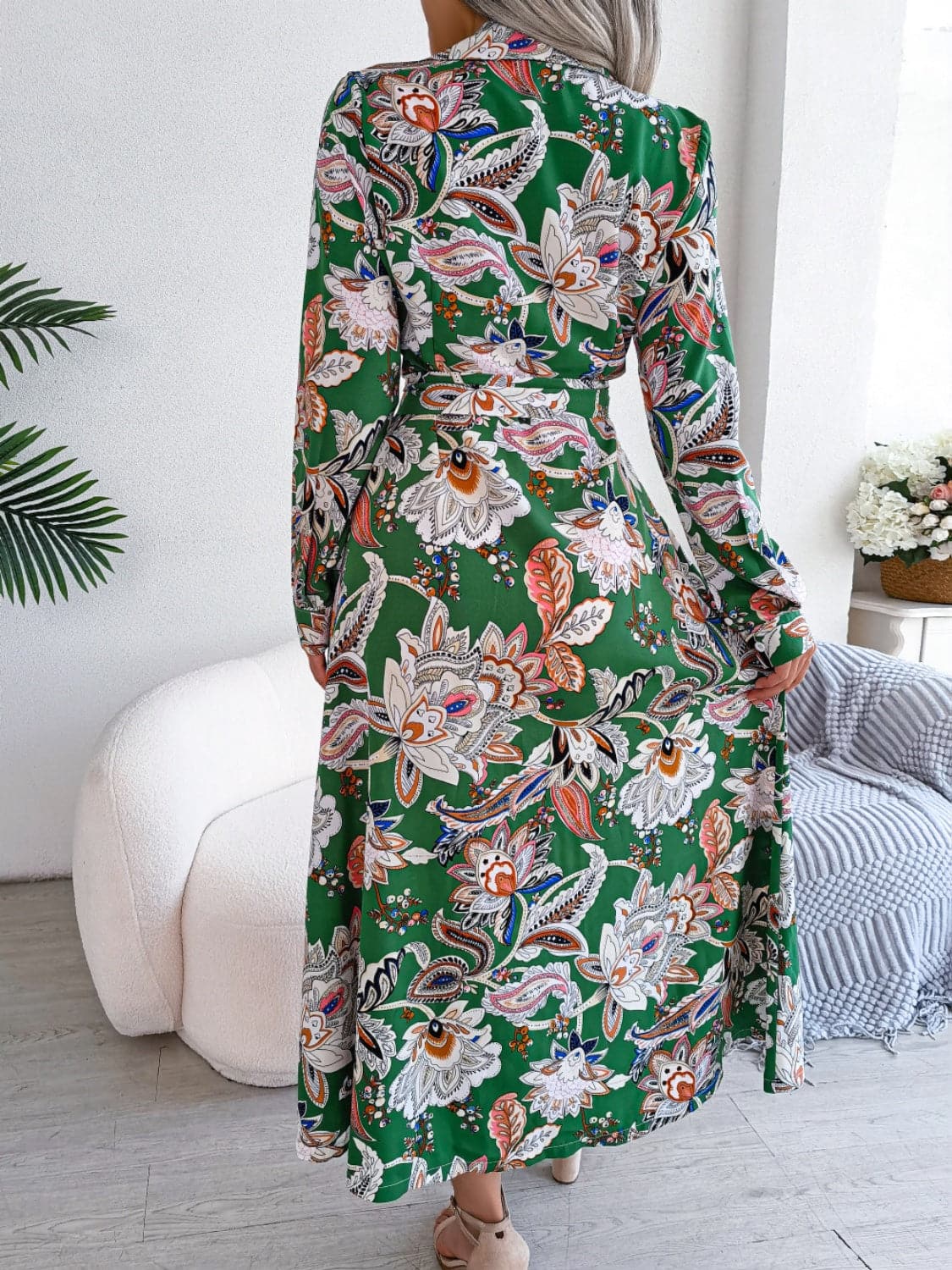 Tied Printed Long Sleeve Midi Dress.