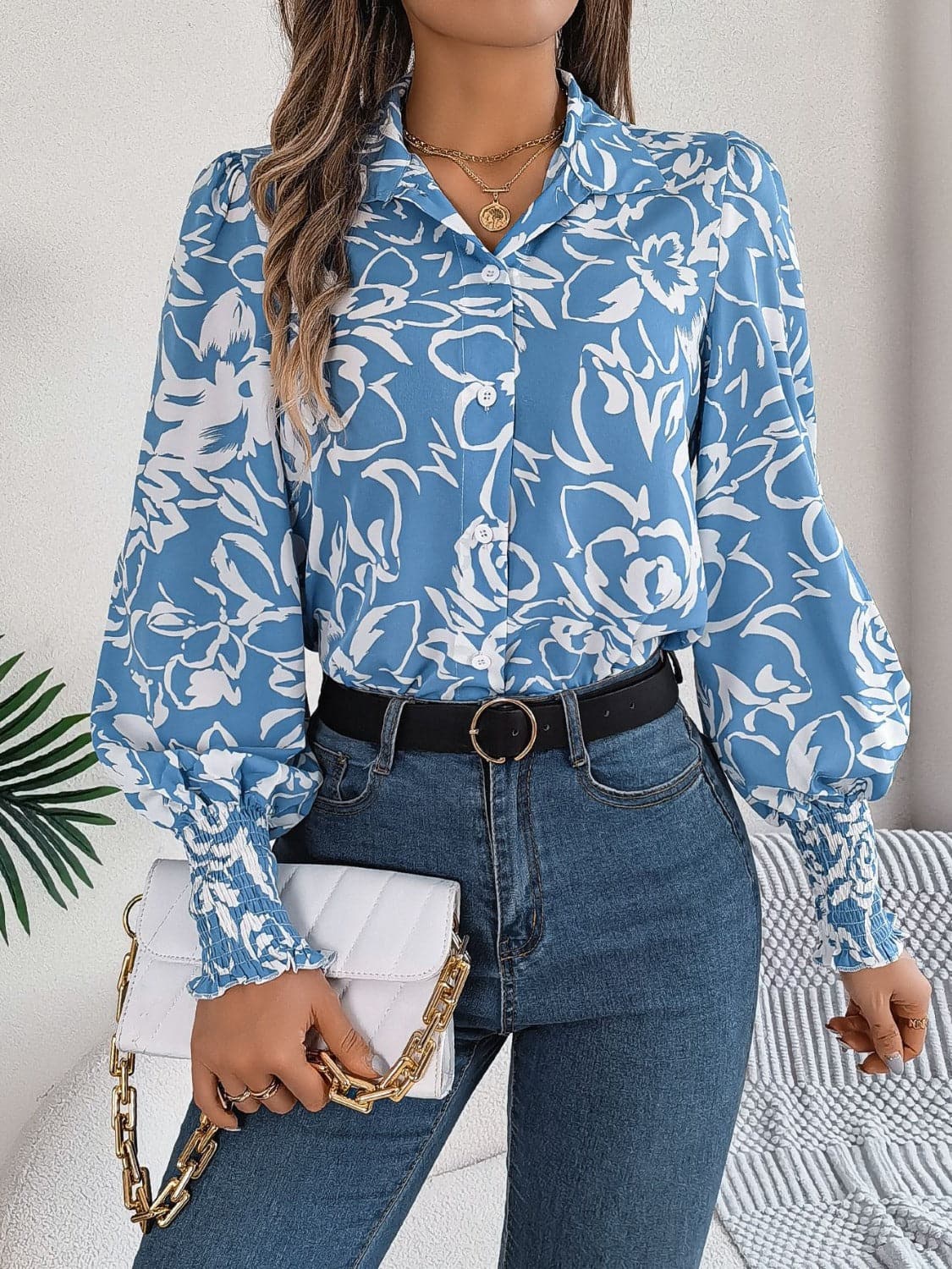 Printed Collared Neck Lantern Sleeve Shirt.