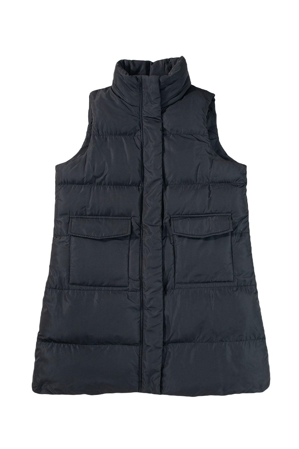 Stylish black longline windproof puffer vest with convenient pockets