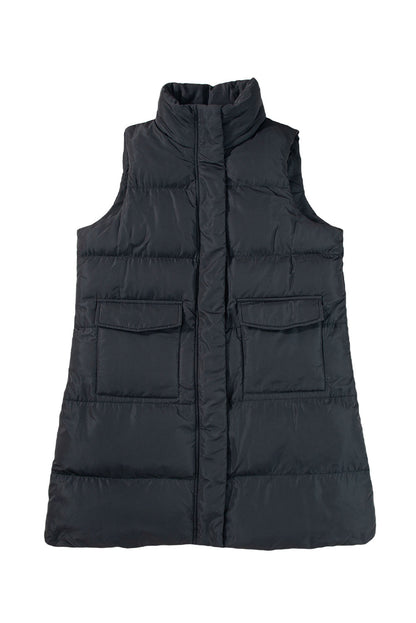 Stylish black longline windproof puffer vest with convenient pockets