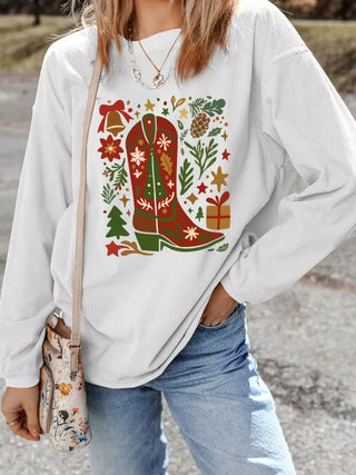 Christmas Leafy Boot Printed Corded Rib Drop Shoulder Sweatshirt Simply Love