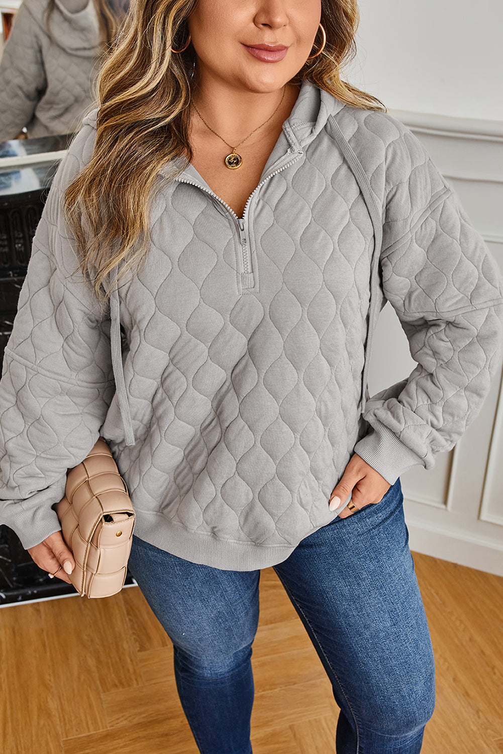 Gray Quilted Quarter Zip Plus Size Hoodie for Women Dear-Lover Dropshipping