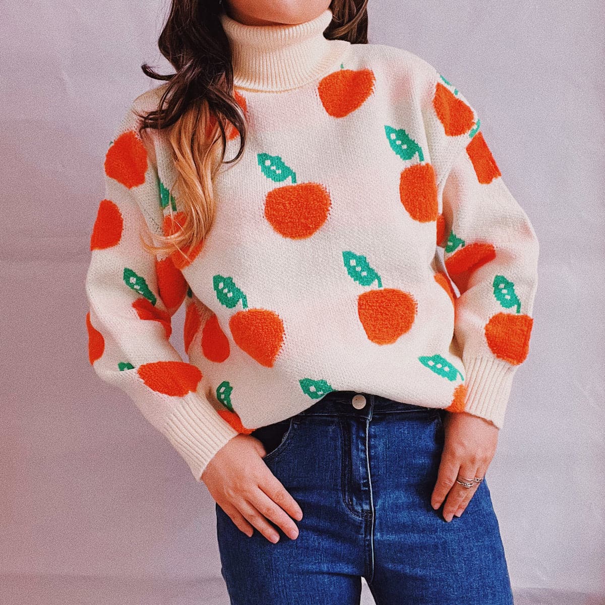 Fruit Pattern Turtleneck Dropped Sweater.