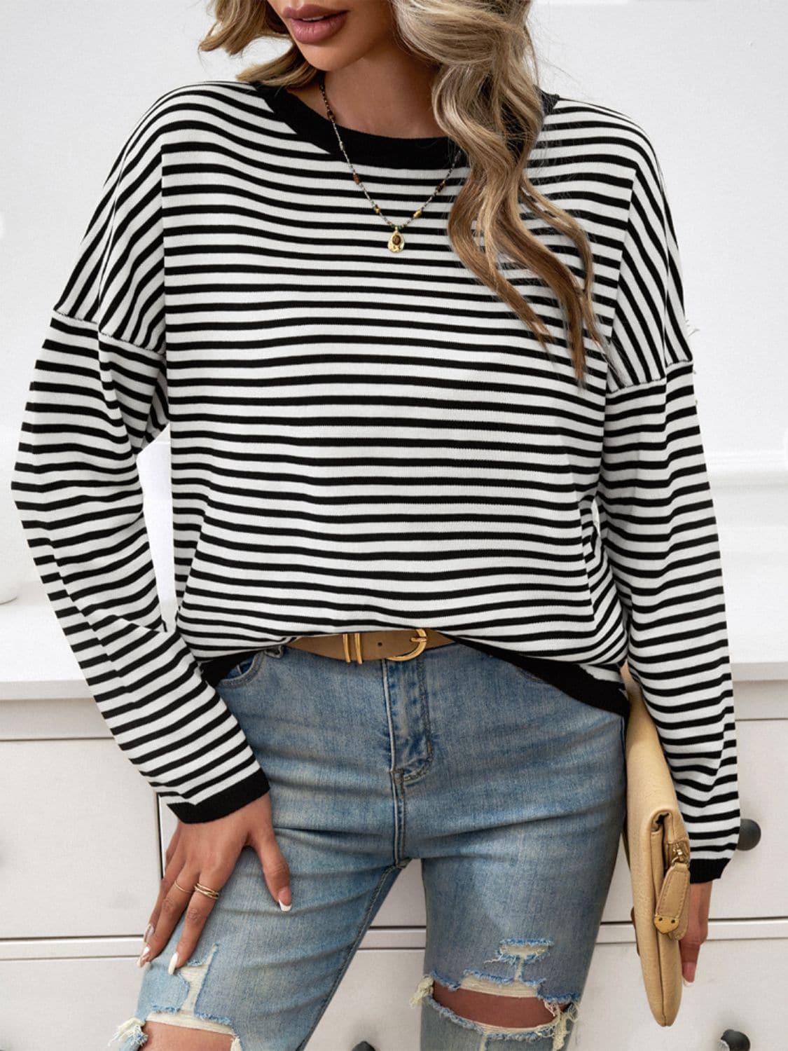 Striped Round Neck Dropped Shoulder Sweater.