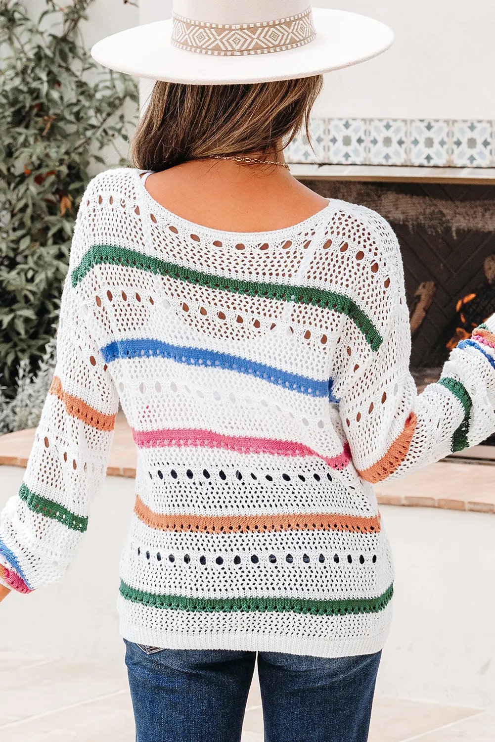 Premium White Color Block Striped Pointelle Knit Sweater Dear-Lover Dropshipping