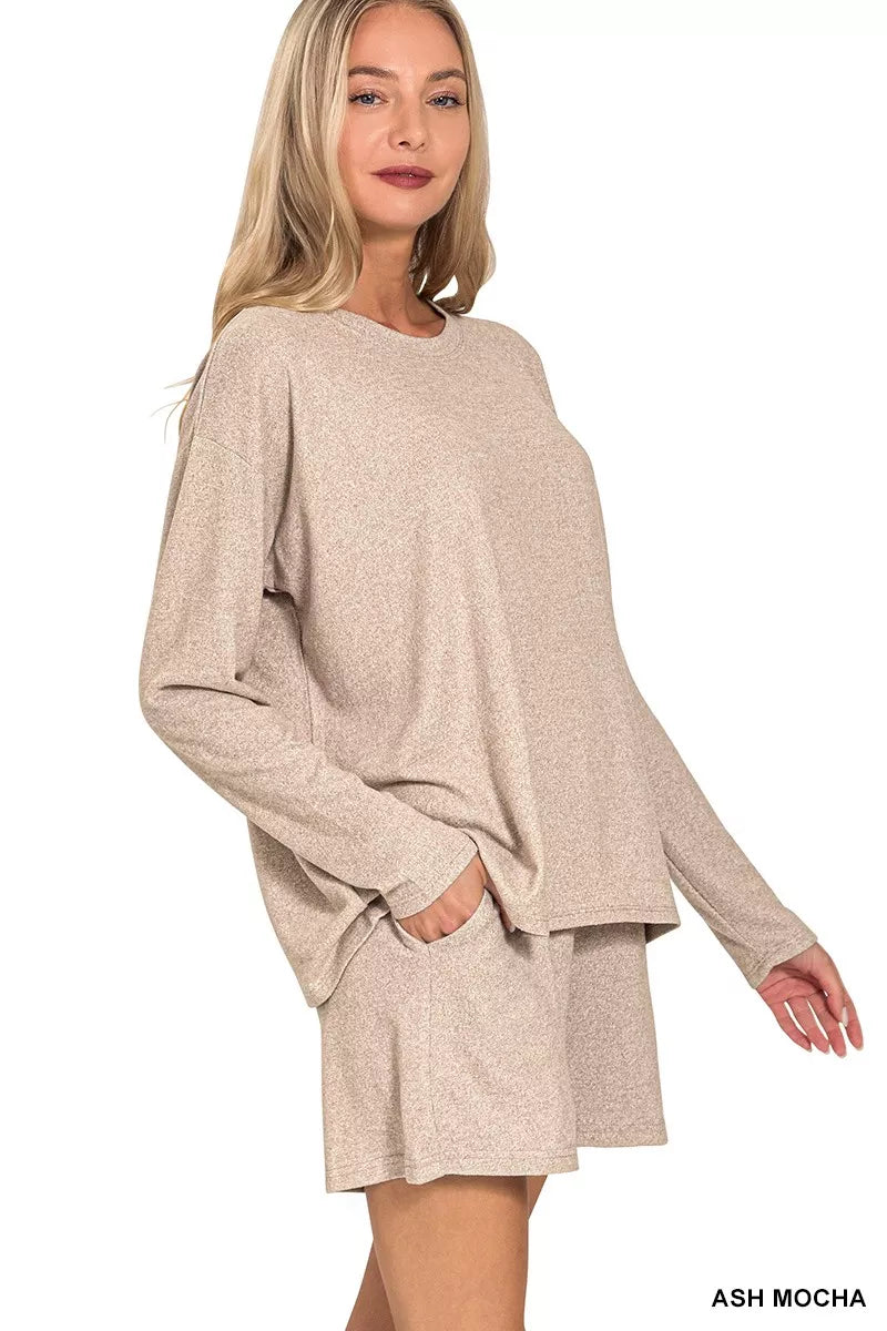 Zenana Soft Melange Long Sleeve Tee and Shorts Set Simply Love
