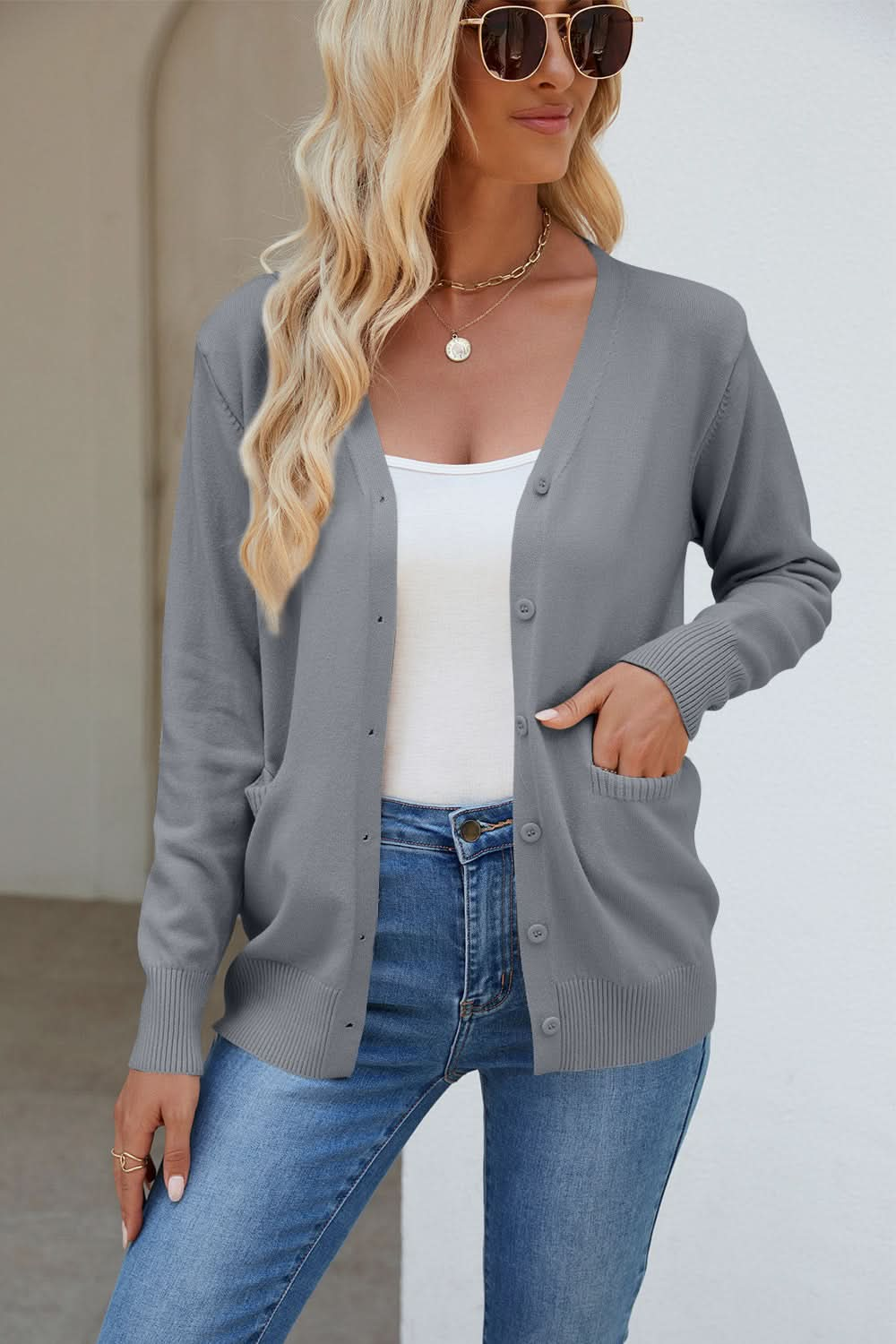 Vibrant V-Neck Button-Up Cardigan with Pockets