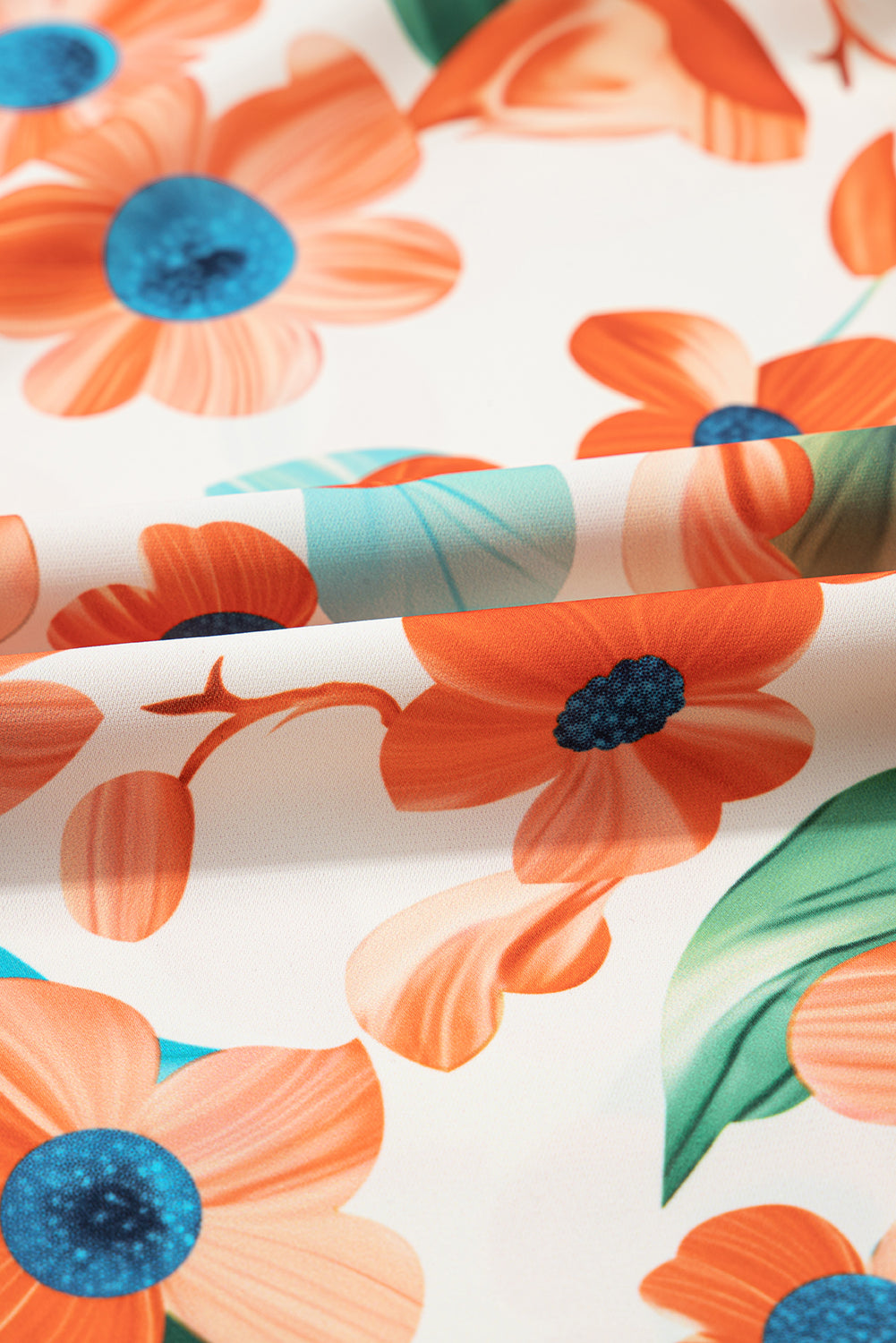 Orange Contrast Trim Floral Split Neck Puff Sleeve Mini Dress