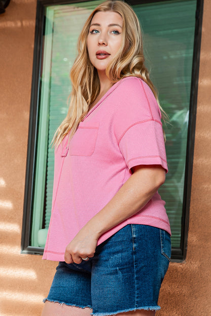 Chic pink plus size waffle knit henley with exposed seams