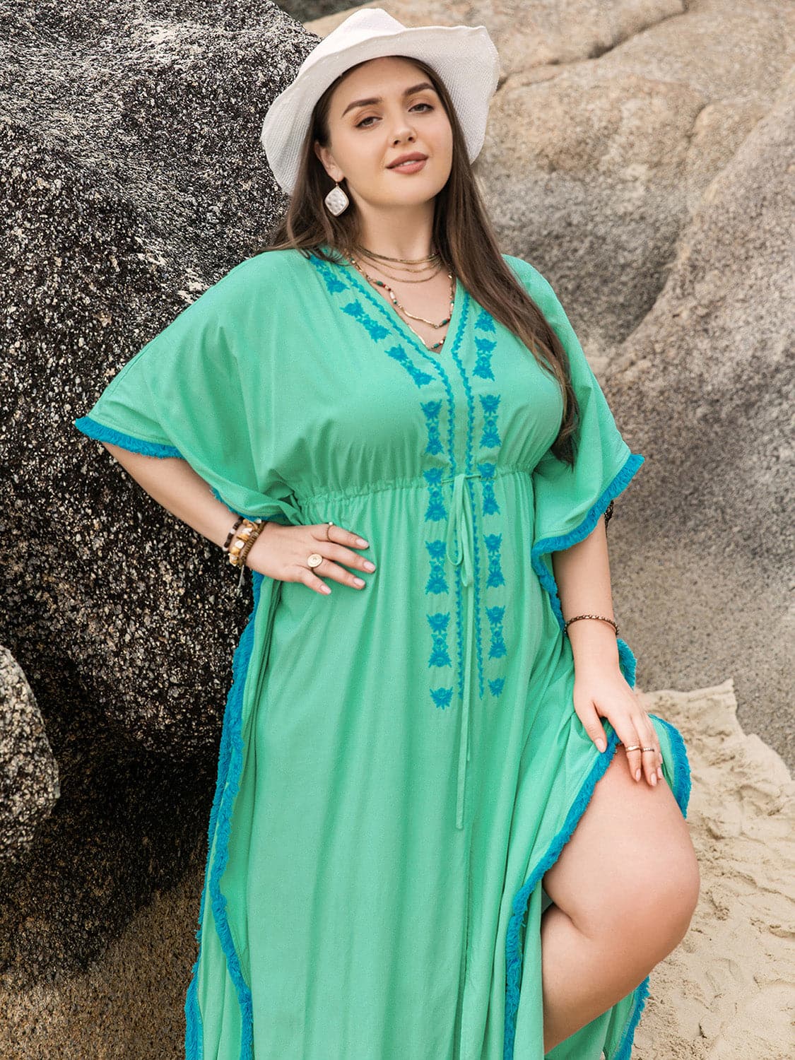 Plus Size Tied Fringe V-Neck Half Sleeve Dress.