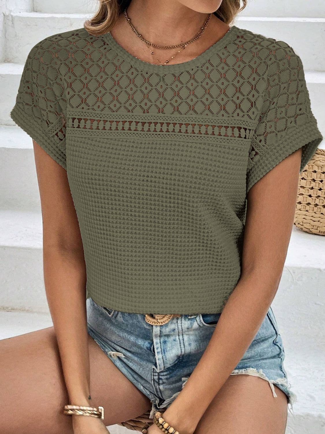 Waffle-Knit Round Neck Short Sleeve Top.