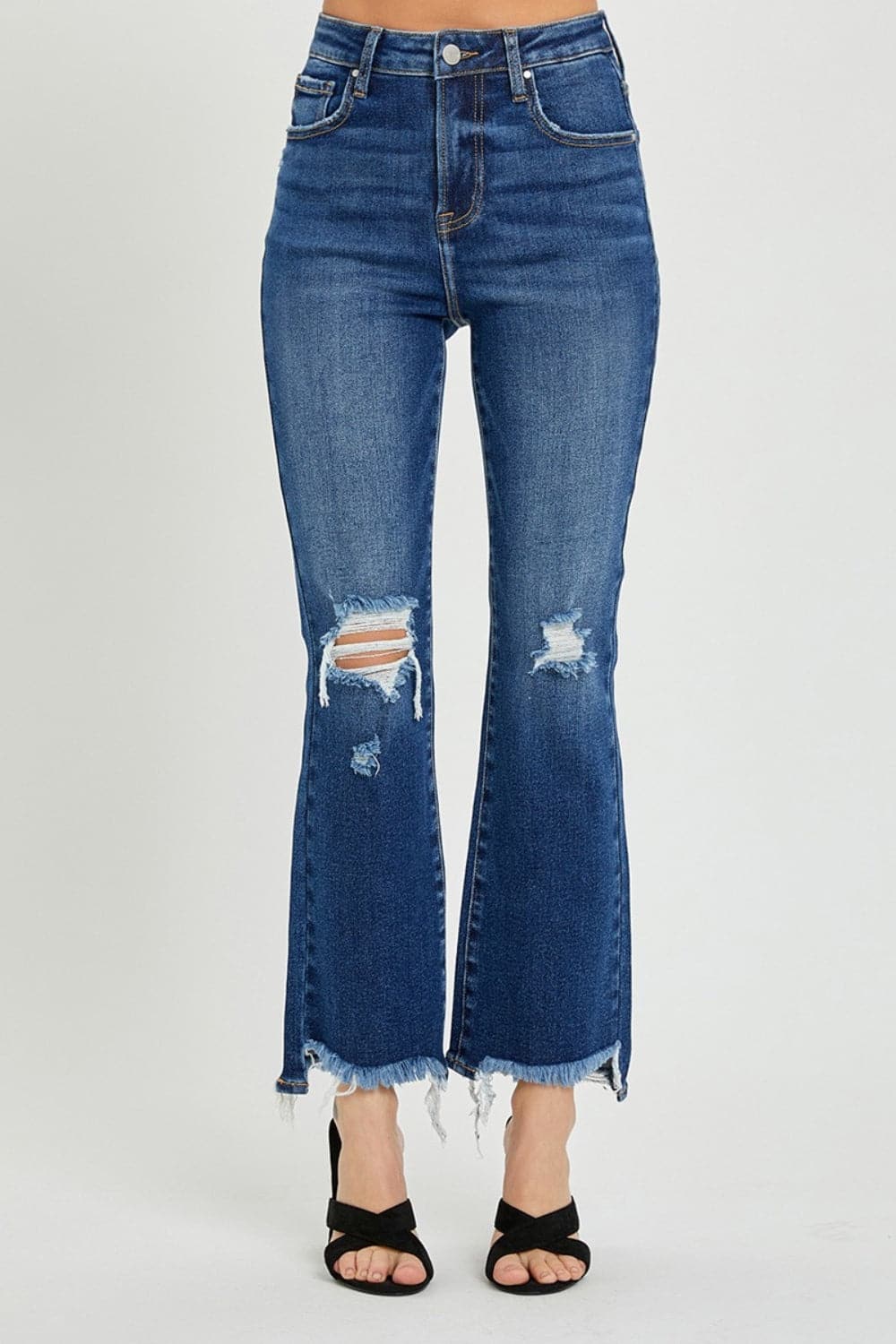 RISEN High Rise Distressed Crop Flare JeansThe High Rise Distressed Crop Flare Jeans are a trendy and edgy addition to your denim collection. Featuring a high rise fit, distressed detailing, and a cropped flaLove Salve RISEN High Rise Distressed Crop Flare JeansJeans