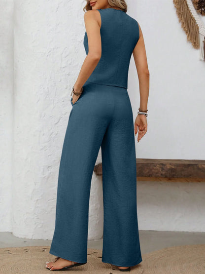 Chic V-Neck Button-Up Vest and Flowing Wide Leg Trousers Set