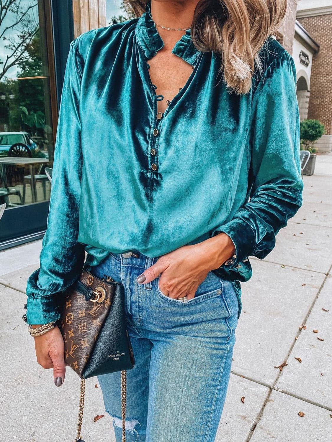 Sheer long sleeve button top