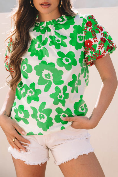 Green Contrast Embroidered Puff Short Sleeve Floral Blouse