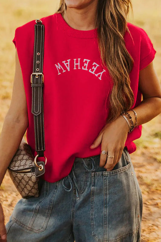 Fiery Red Embroidered Yeehaw Letter Loose Short Sleeve Sweater Dear-Lover Dropshipping