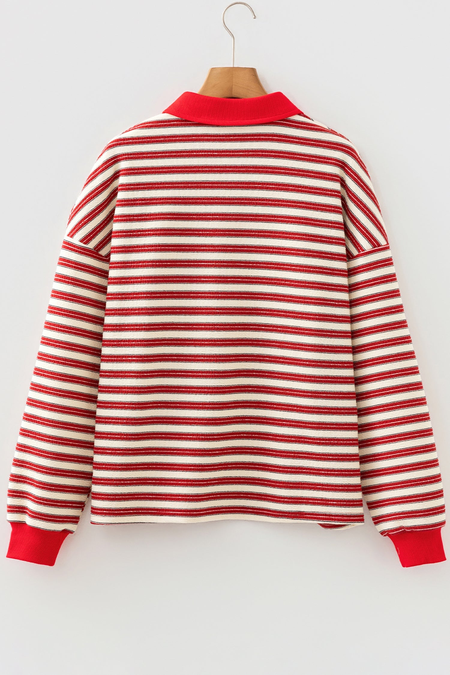 Racing Red Striped Print Contrast Collar Zip V Neck Long Sleeve Top Dear-Lover Dropshipping