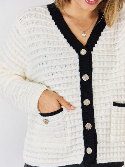 Contrast Trim Button Up Cardigan.