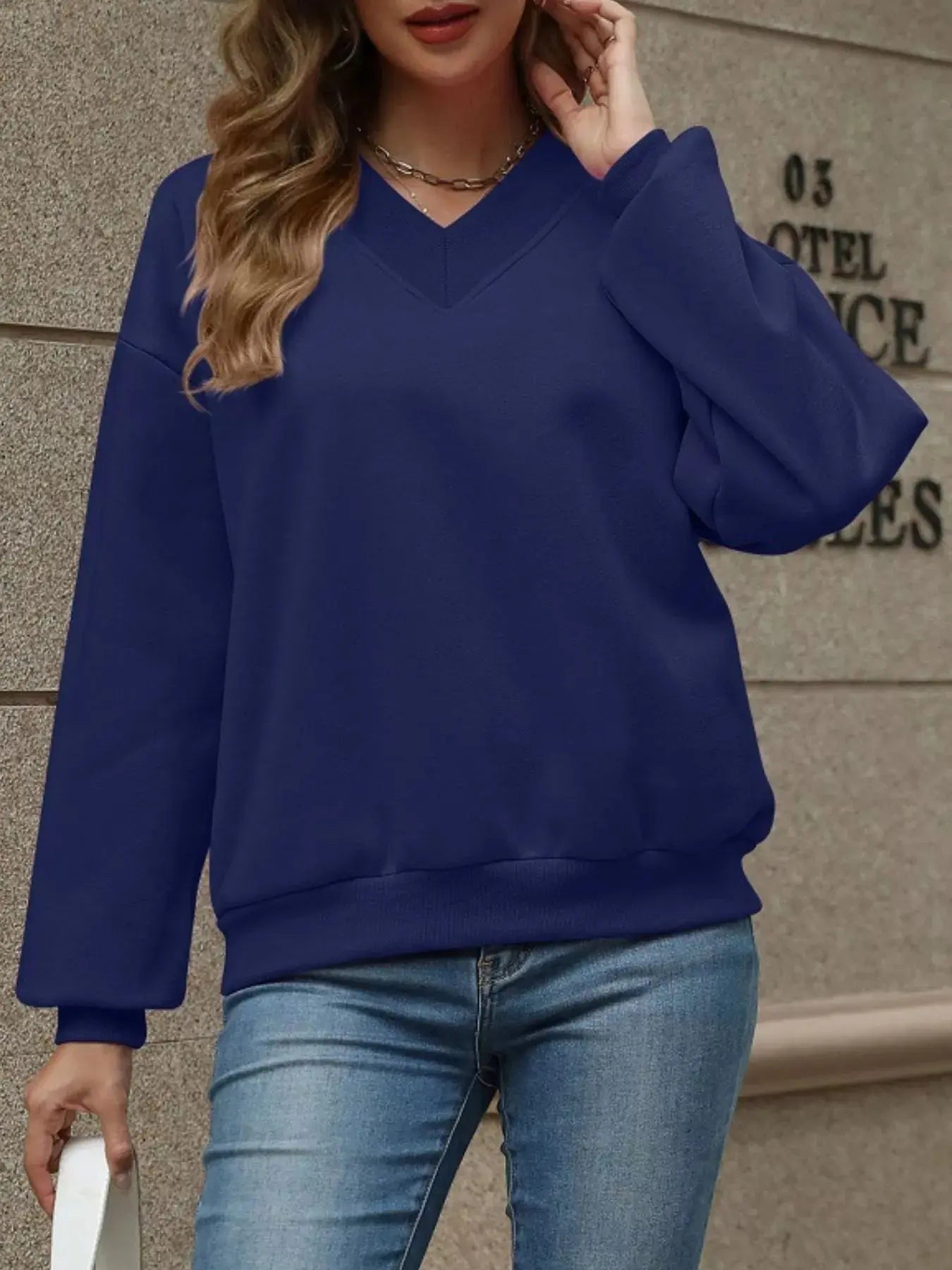 V-Neck Solid Color Casual Sweatshirt Simply Love