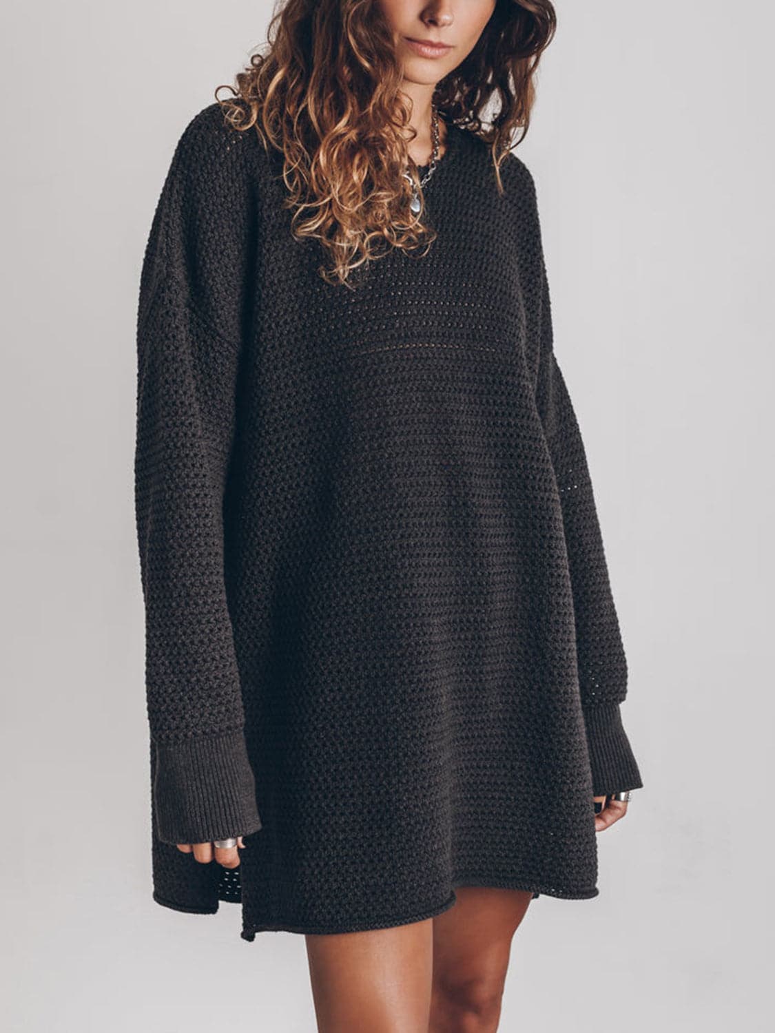 Openwork Round Neck Long Sleeve Slit Sweater.