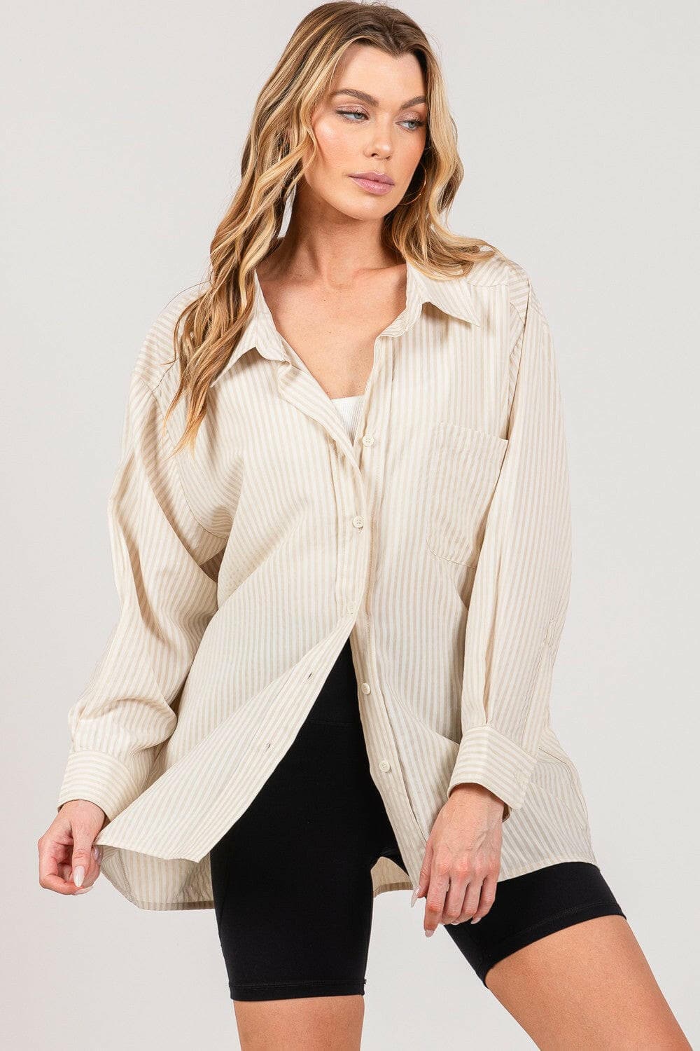 SAGE + FIG Striped Button Up Long Sleeve Shirt.