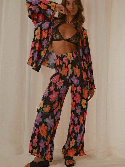 Chic printed collared long sleeve top and pants lounge set