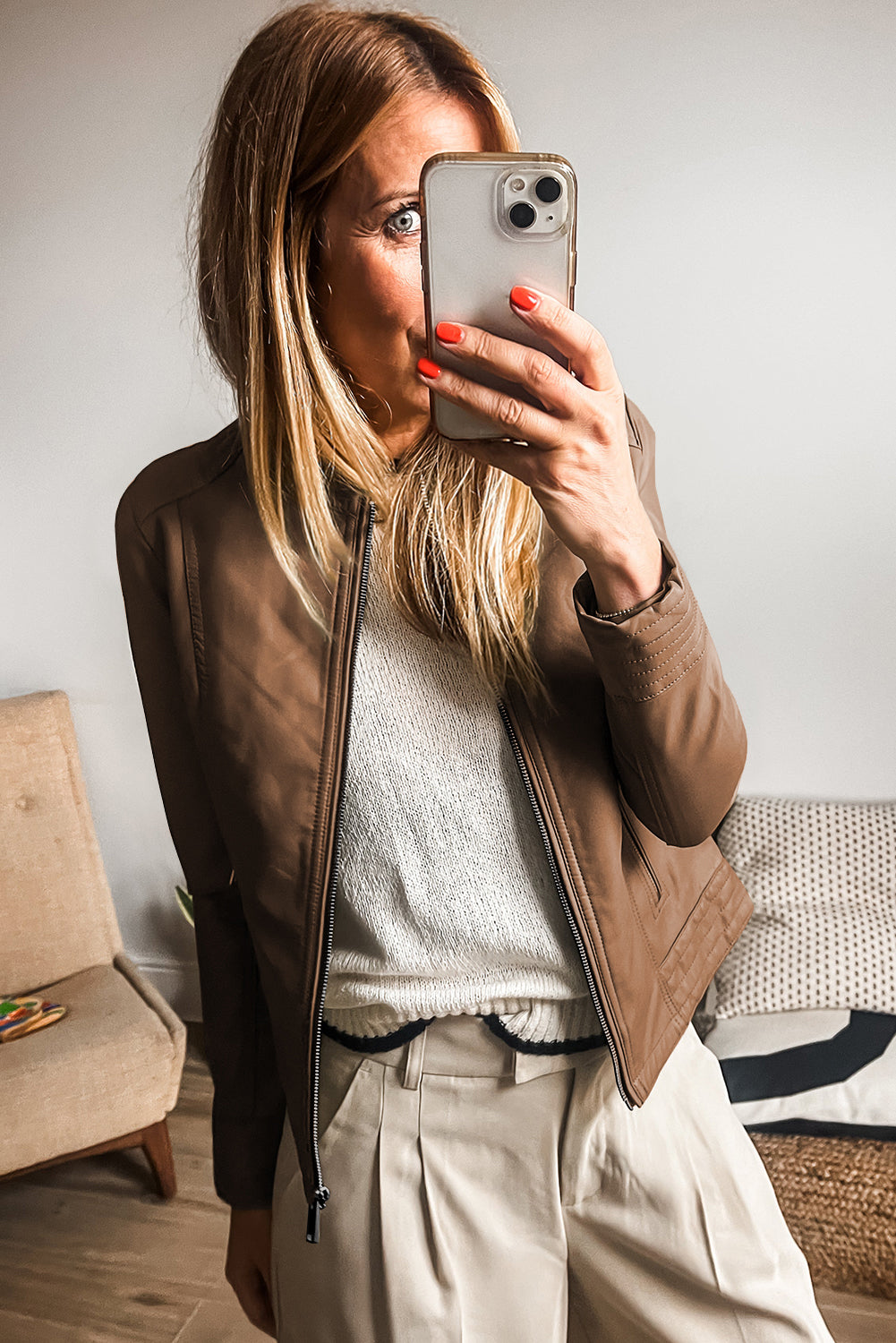 Chic chestnut faux leather bomber