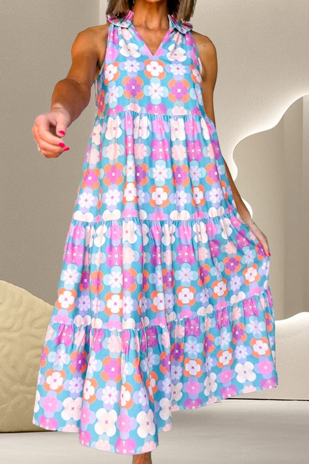 Frill Printed Notched Sleeveless Dress.