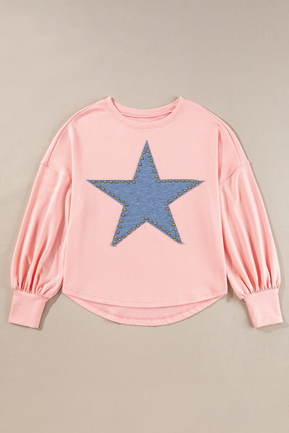 Gossamer Pink Oversized Long Sleeve Top with Studded Star Graphic