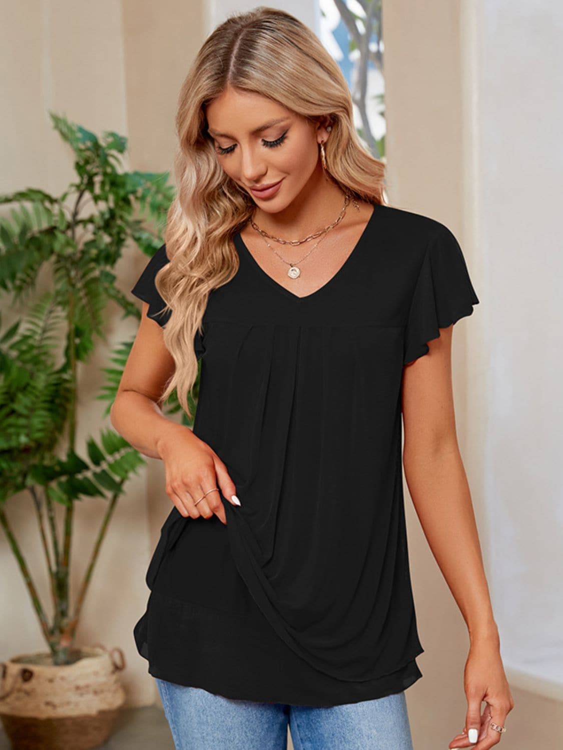 Ruched V-Neck Short Sleeve T-Shirt.