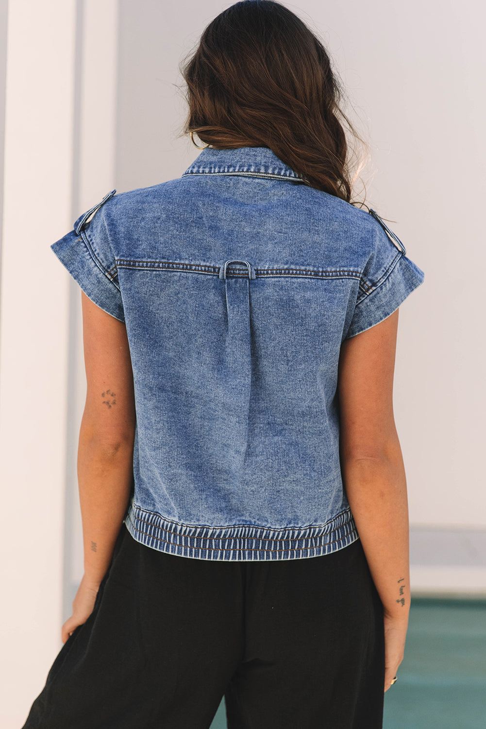 Love Salve  Ashleigh Blue Acid Wash Elastic Hem Button Up Love Salve