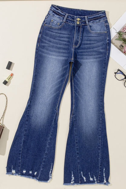 Sail blue high waist dual button distressed flared jeans with raw hem