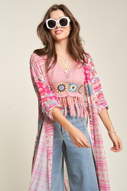 Mesh Print Mix Matched Button Front Cover Up.