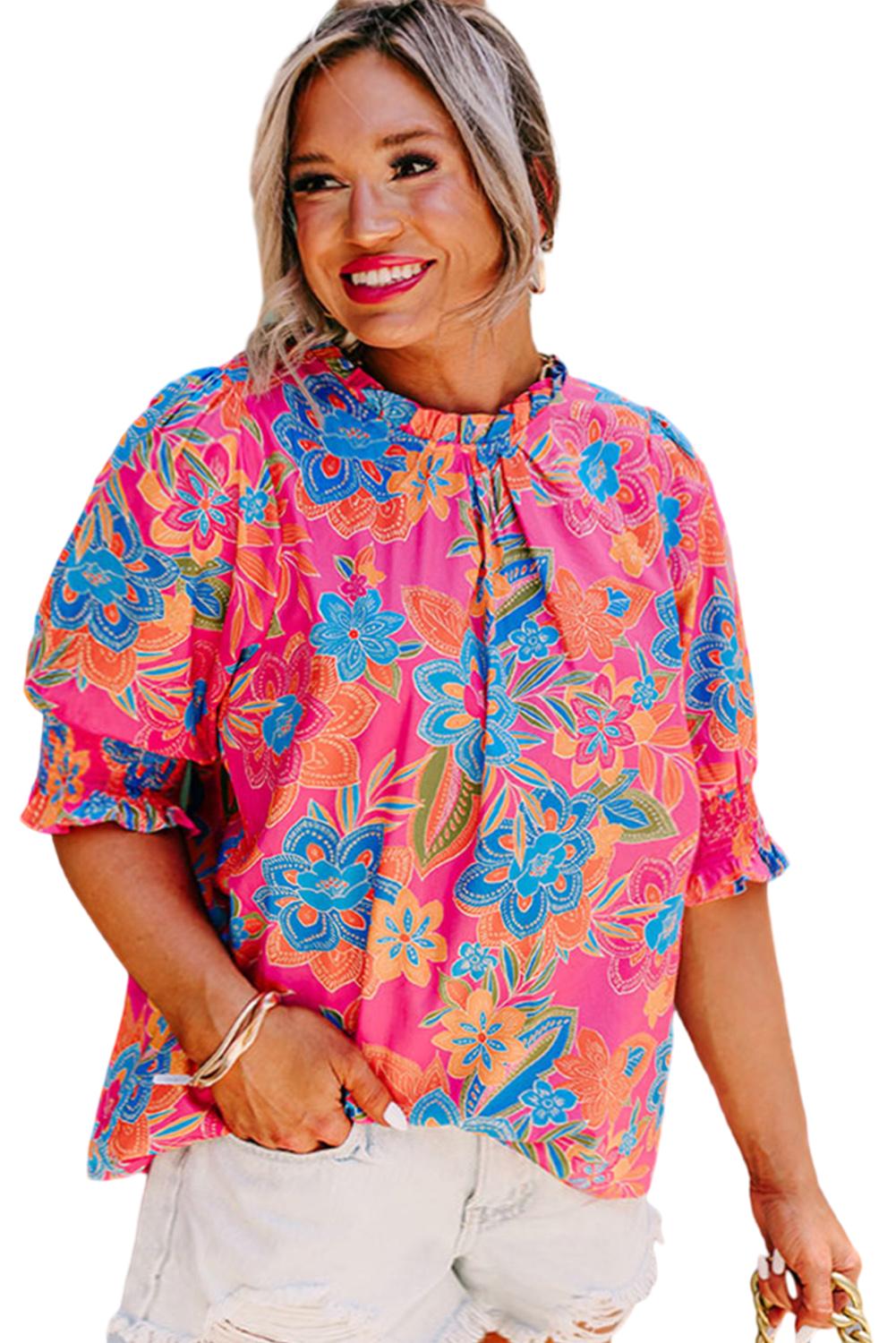 Chic floral print blouse with frilly neck and puff sleeves