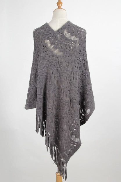 Fringe Openwork Surplice Cape Sleeve Poncho.