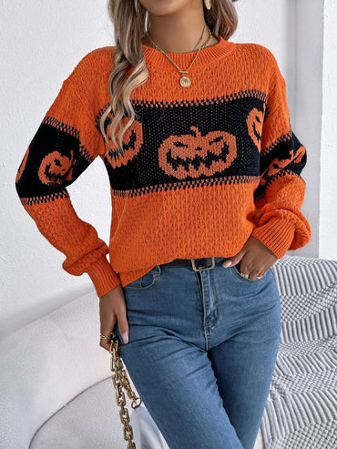 Cozy pumpkin round neck long sleeve pullover