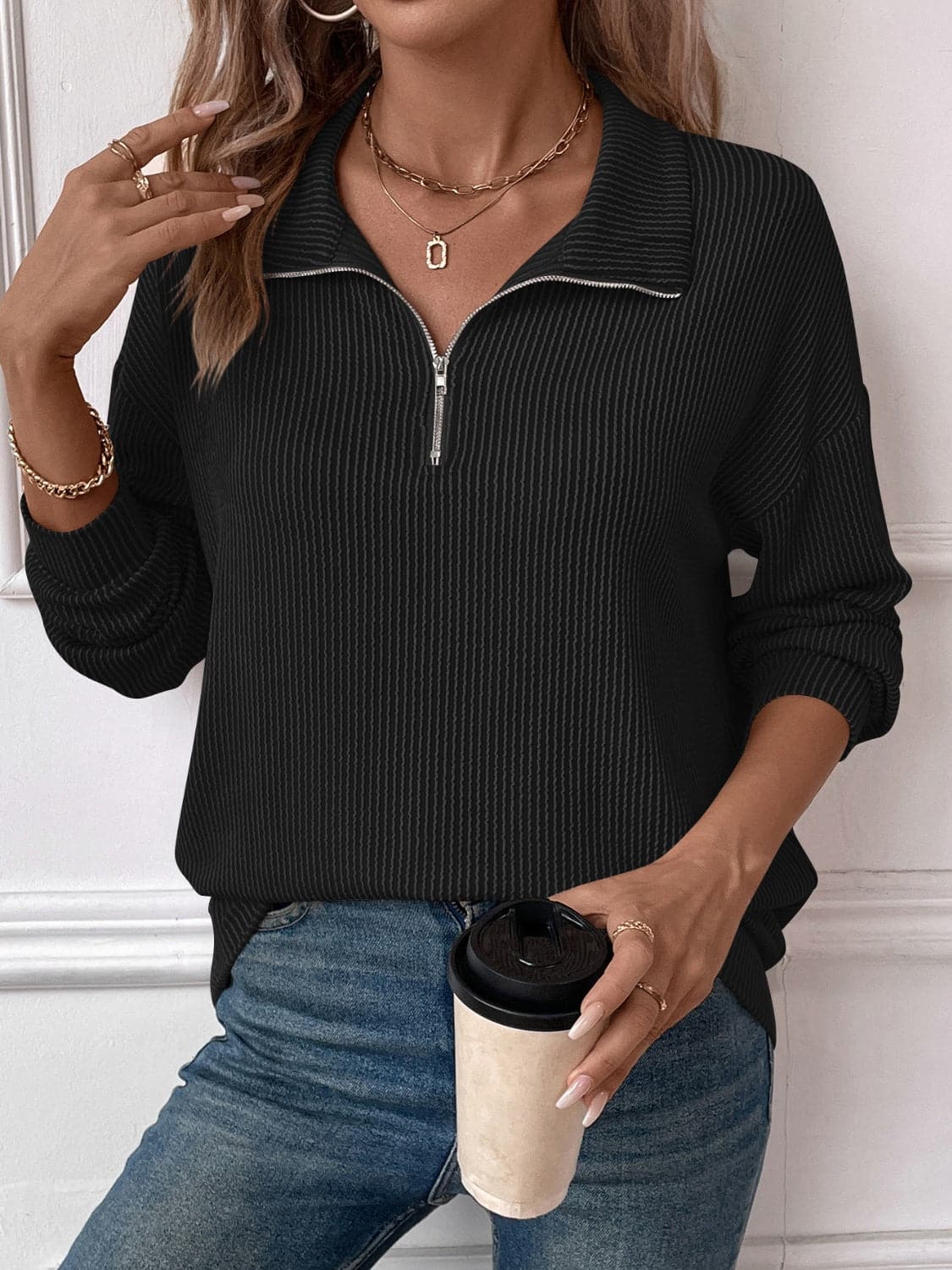 Double Take half zip striped tee