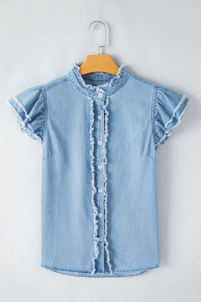 Chic ruffled denim top with button front and frayed hem