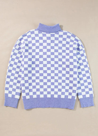 Plus Size Checkered Collared Neck Long Sleeve Sweater