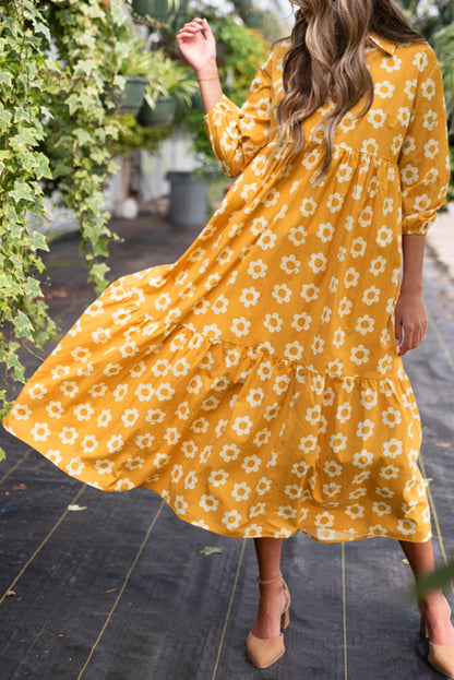 Charming floral collared maxi dress with button detail and bracelet sleeves