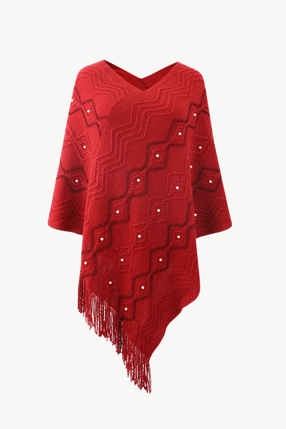 Pearl Trim V-Neck Fringe Hem Poncho.